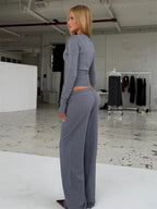 Ribbed Knit 2 Piece Set For Women - Slim Fit Button Up Cardigan And Wide Leg Lounge Pants - Spring Home Casual 2026