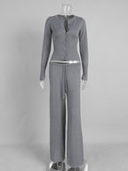 Ribbed Knit 2 Piece Set For Women - Slim Fit Button Up Cardigan And Wide Leg Lounge Pants - Spring Home Casual 2026
