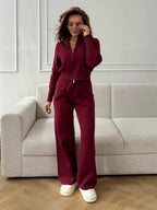 Two Way Zip Knit Lounge Set For Women - Chic Mock Neck Cardigan And Wide Leg Pants - Spring Casual Streetwear 2026