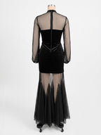 Velvet Corset Maxi Dress For Women - Black Sheer Mesh Long Sleeve Bodycon Mermaid Gown - Spring Formal Party 2026