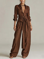 Linen Cotton 2 Piece Set For Women - Elegant Long Sleeves Belted Shirt And Wide Leg Pants - Summer Resort Style 2026