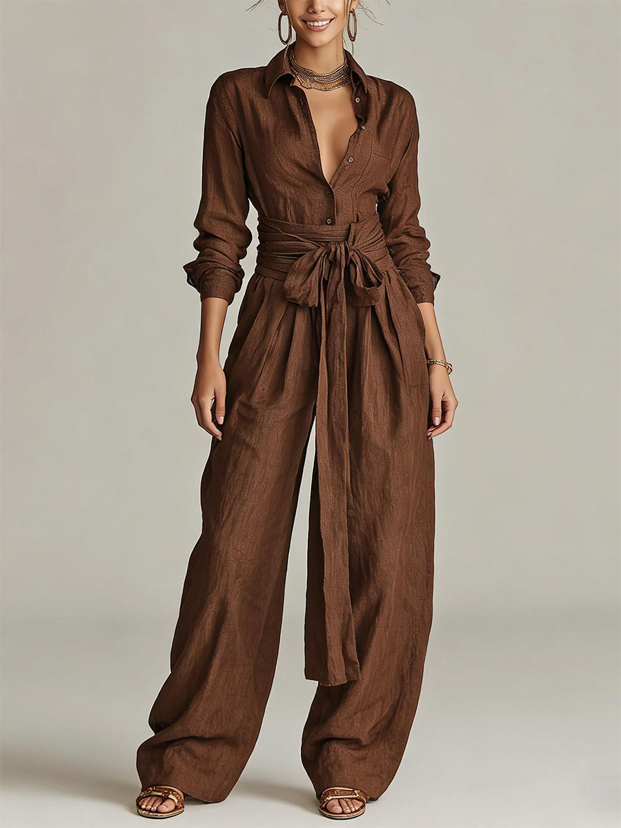 Linen Cotton 2 Piece Set For Women - Elegant Long Sleeves Belted Shirt And Wide Leg Pants - Summer Resort Style 2026
