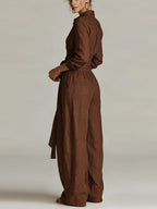 Linen Cotton 2 Piece Set For Women - Elegant Long Sleeves Belted Shirt And Wide Leg Pants - Summer Resort Style 2026