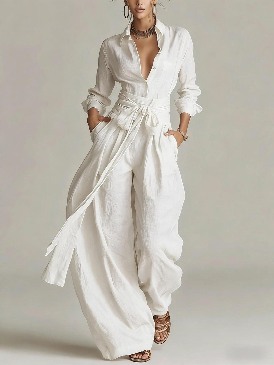 Linen Cotton 2 Piece Set For Women - Elegant Long Sleeves Belted Shirt And Wide Leg Pants - Summer Resort Style 2026