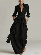 Linen Cotton 2 Piece Set For Women - Elegant Long Sleeves Belted Shirt And Wide Leg Pants - Summer Resort Style 2026