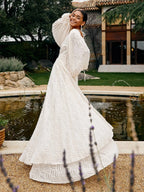 Boho Backless Maxi Dress For Women - Cloud White Deep V Neck Lantern Sleeve Pleated A-Line Gown - Spring Beach Wedding 2026