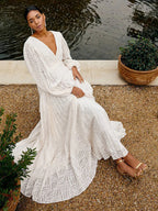 Boho Backless Maxi Dress For Women - Cloud White Deep V Neck Lantern Sleeve Pleated A-Line Gown - Spring Beach Wedding 2026