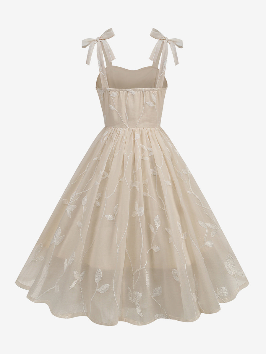 Floral Embroidery 1950s Vintage Midi Dress For Women - Cottagecore Tie Shoulder A-Line Sundress - Summer Wedding Guest 2026
