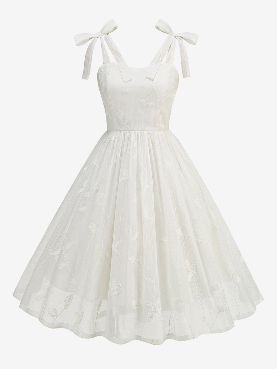 Floral Embroidery 1950s Vintage Midi Dress For Women - Cottagecore Tie Shoulder A-Line Sundress - Summer Wedding Guest 2026