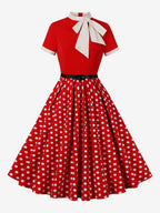 Vintage 1950s Midi Dress For Women - Bow Tie Neck Printed A-Line Swing Dress - Spring Tea Party 2026