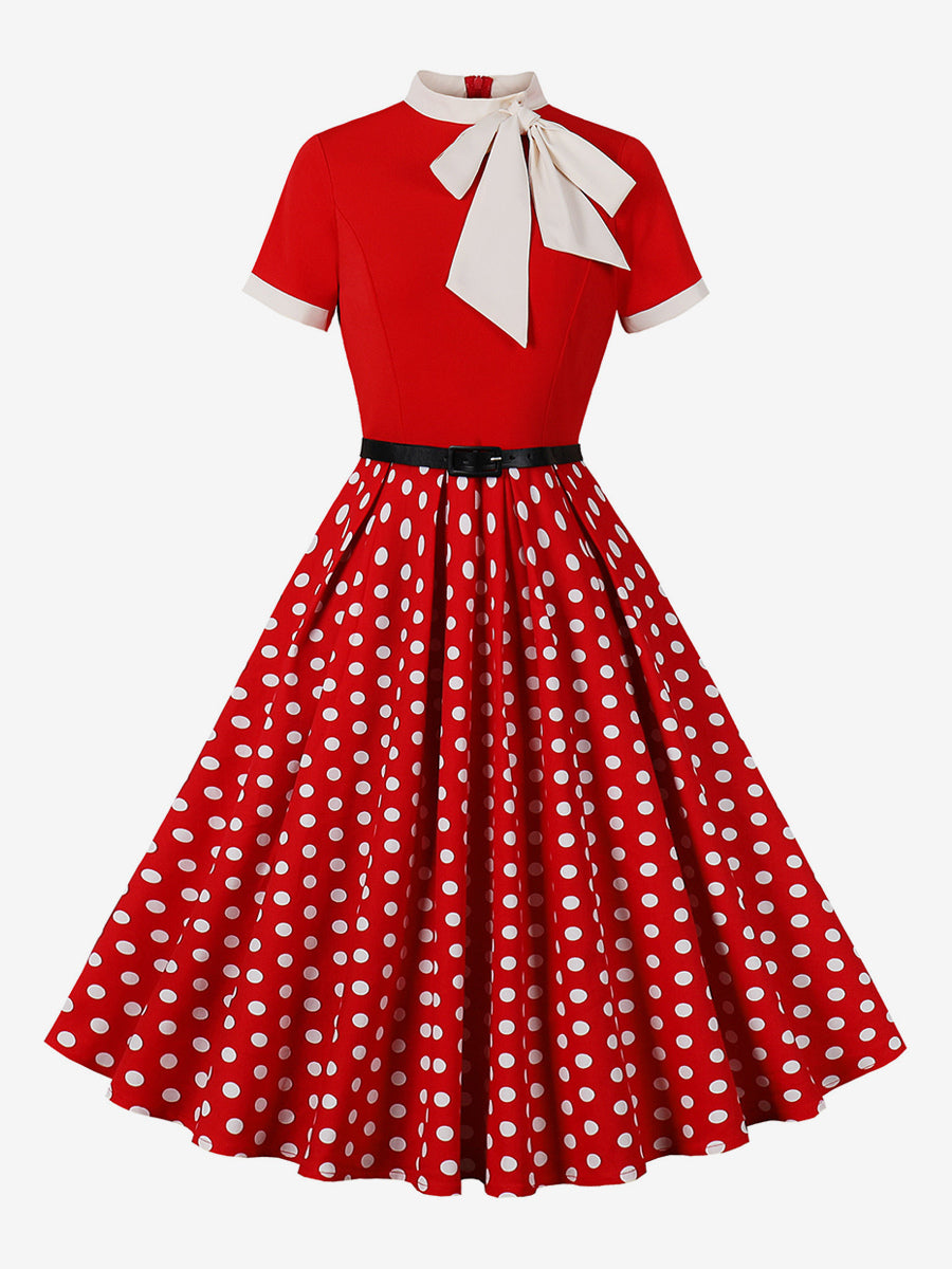 Vintage 1950s Midi Dress For Women - Bow Tie Neck Printed A-Line Swing Dress - Spring Tea Party 2026
