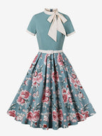 Vintage 1950s Midi Dress For Women - Bow Tie Neck Printed A-Line Swing Dress - Spring Tea Party 2026