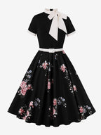 Vintage 1950s Midi Dress For Women - Bow Tie Neck Printed A-Line Swing Dress - Spring Tea Party 2026