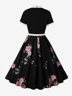 Vintage 1950s Midi Dress For Women - Bow Tie Neck Printed A-Line Swing Dress - Spring Tea Party 2026