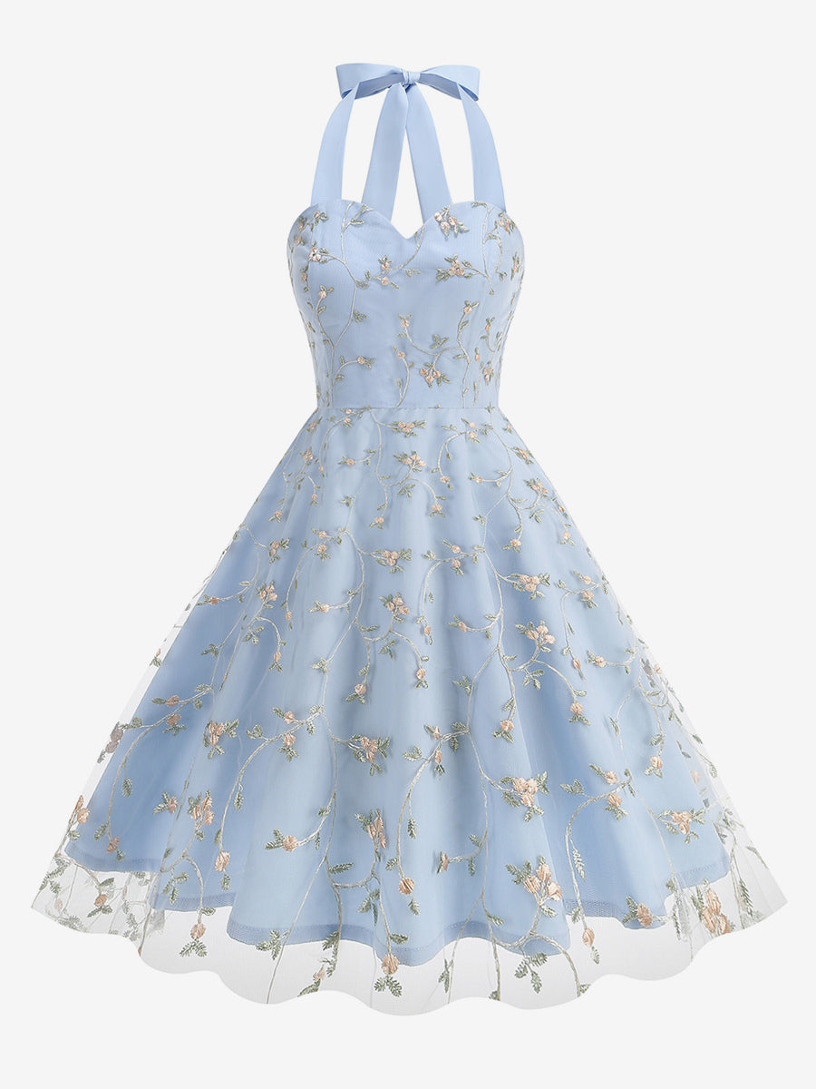 Vintage 1950s Floral Midi Dress For Women - Halter Neck Mesh Embroidery A-Line Sundress - Spring Garden Wedding Guest 2026
