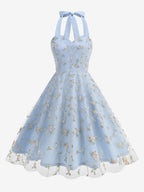 Vintage 1950s Floral Midi Dress For Women - Halter Neck Mesh Embroidery A-Line Sundress - Spring Garden Wedding Guest 2026