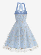 Vintage 1950s Floral Midi Dress For Women - Halter Neck Mesh Embroidery A-Line Sundress - Spring Garden Wedding Guest 2026
