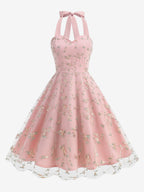 Vintage 1950s Floral Midi Dress For Women - Halter Neck Mesh Embroidery A-Line Sundress - Spring Garden Wedding Guest 2026
