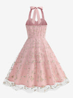 Vintage 1950s Floral Midi Dress For Women - Halter Neck Mesh Embroidery A-Line Sundress - Spring Garden Wedding Guest 2026