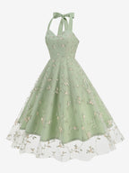 Vintage 1950s Floral Midi Dress For Women - Halter Neck Mesh Embroidery A-Line Sundress - Spring Garden Wedding Guest 2026