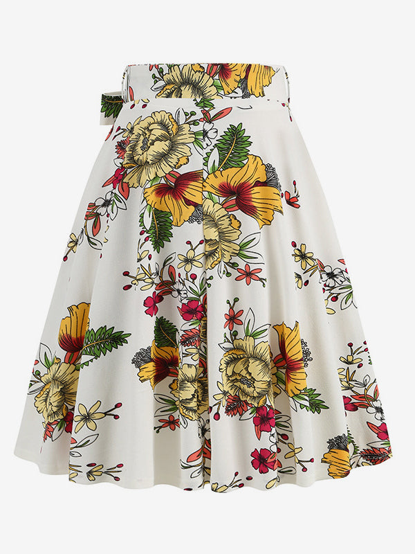 Vintage 1950s Printed Skirt For Women - Retro High Waisted A-Line Swing Midi Skirt With Belt - Summer Tropical Party 2026