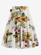 Vintage 1950s Printed Skirt For Women - Retro High Waisted A-Line Swing Midi Skirt With Belt - Summer Tropical Party 2026
