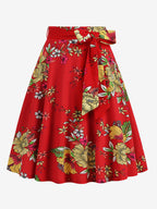 Vintage 1950s Printed Skirt For Women - Retro High Waisted A-Line Swing Midi Skirt With Belt - Summer Tropical Party 2026