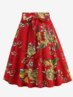 Vintage 1950s Printed Skirt For Women - Retro High Waisted A-Line Swing Midi Skirt With Belt - Summer Tropical Party 2026