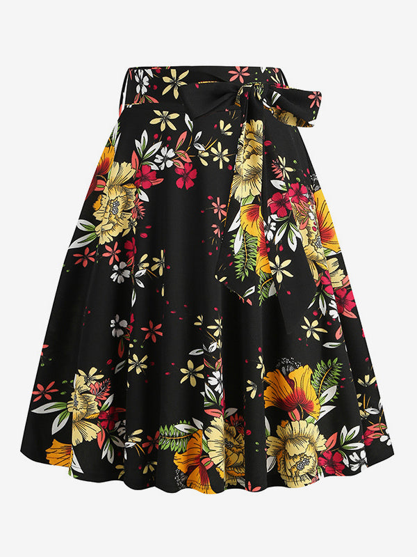 Vintage 1950s Printed Skirt For Women - Retro High Waisted A-Line Swing Midi Skirt With Belt - Summer Tropical Party 2026