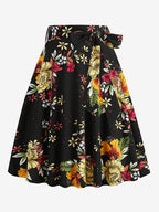 Vintage 1950s Printed Skirt For Women - Retro High Waisted A-Line Swing Midi Skirt With Belt - Summer Tropical Party 2026