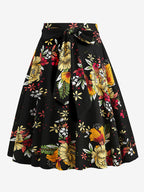 Vintage 1950s Printed Skirt For Women - Retro High Waisted A-Line Swing Midi Skirt With Belt - Summer Tropical Party 2026