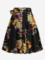 Vintage 1950s Printed Skirt For Women - Retro High Waisted A-Line Swing Midi Skirt With Belt - Summer Tropical Party 2026