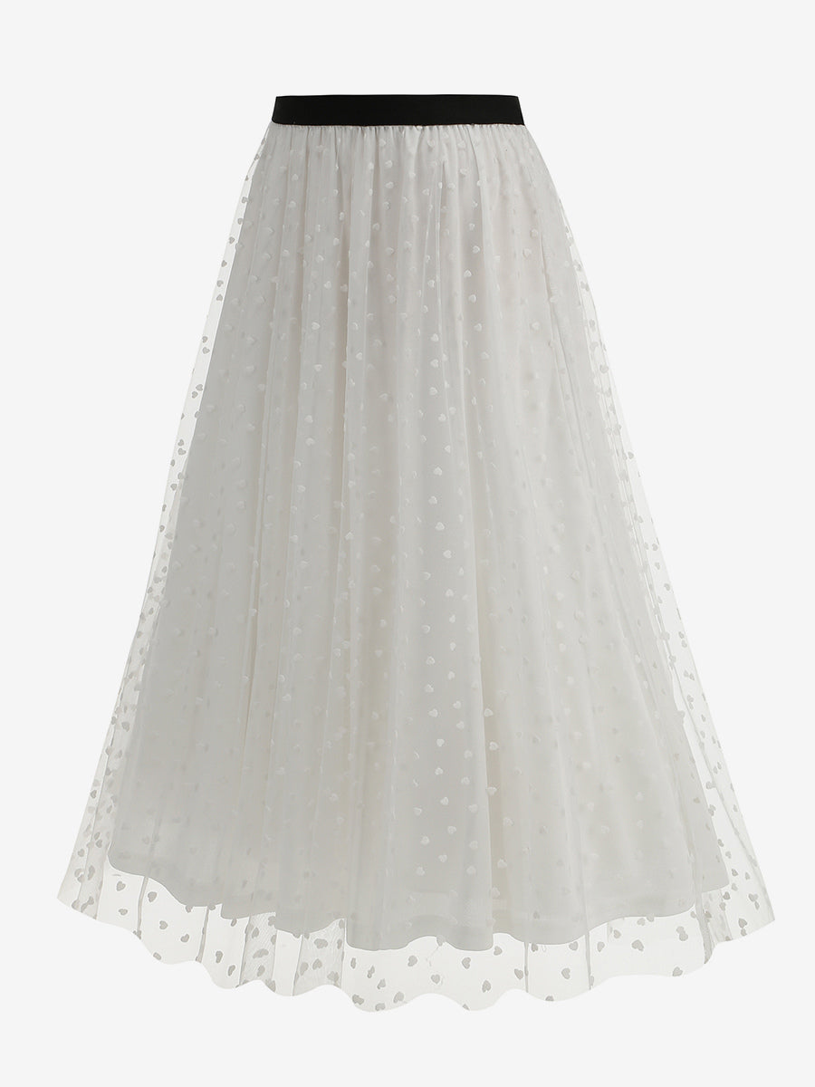 Elegant Heart Tulle Skirt For Women - Fluffy Mesh High Waisted A-Line Long Skirt - Spring Summer Party Wear 2026