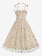 Vintage 1950s Floral Prom Dress For Women - Embroidery Mesh Tie-Shoulder A-Line Swing Midi Dress - Summer Cocktail 2026