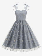 Vintage 1950s Floral Prom Dress For Women - Embroidery Mesh Tie-Shoulder A-Line Swing Midi Dress - Summer Cocktail 2026