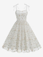 Vintage 1950s Floral Prom Dress For Women - Embroidery Mesh Tie-Shoulder A-Line Swing Midi Dress - Summer Cocktail 2026