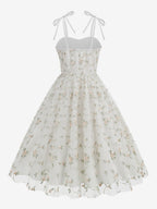 Vintage 1950s Floral Prom Dress For Women - Embroidery Mesh Tie-Shoulder A-Line Swing Midi Dress - Summer Cocktail 2026