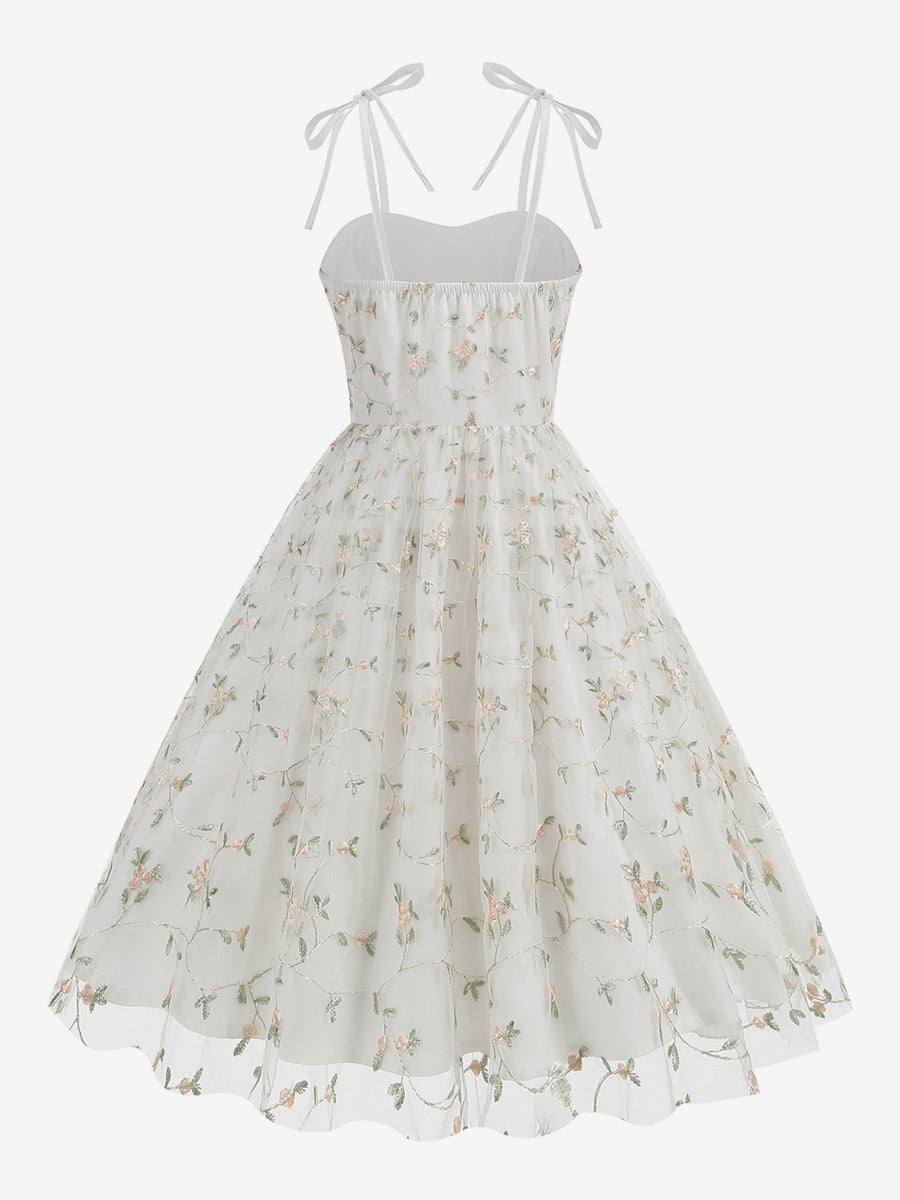 Vintage 1950s Floral Prom Dress For Women - Embroidery Mesh Tie-Shoulder A-Line Swing Midi Dress - Summer Cocktail 2026