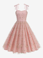 Vintage 1950s Floral Prom Dress For Women - Embroidery Mesh Tie-Shoulder A-Line Swing Midi Dress - Summer Cocktail 2026