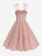 Vintage 1950s Floral Prom Dress For Women - Embroidery Mesh Tie-Shoulder A-Line Swing Midi Dress - Summer Cocktail 2026