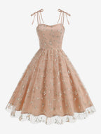Vintage 1950s Floral Prom Dress For Women - Embroidery Mesh Tie-Shoulder A-Line Swing Midi Dress - Summer Cocktail 2026