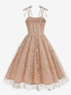 Vintage 1950s Floral Prom Dress For Women - Embroidery Mesh Tie-Shoulder A-Line Swing Midi Dress - Summer Cocktail 2026