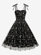 Vintage 1950s Floral Prom Dress For Women - Embroidery Mesh Tie-Shoulder A-Line Swing Midi Dress - Summer Cocktail 2026