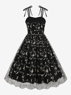 Vintage 1950s Floral Prom Dress For Women - Embroidery Mesh Tie-Shoulder A-Line Swing Midi Dress - Summer Cocktail 2026