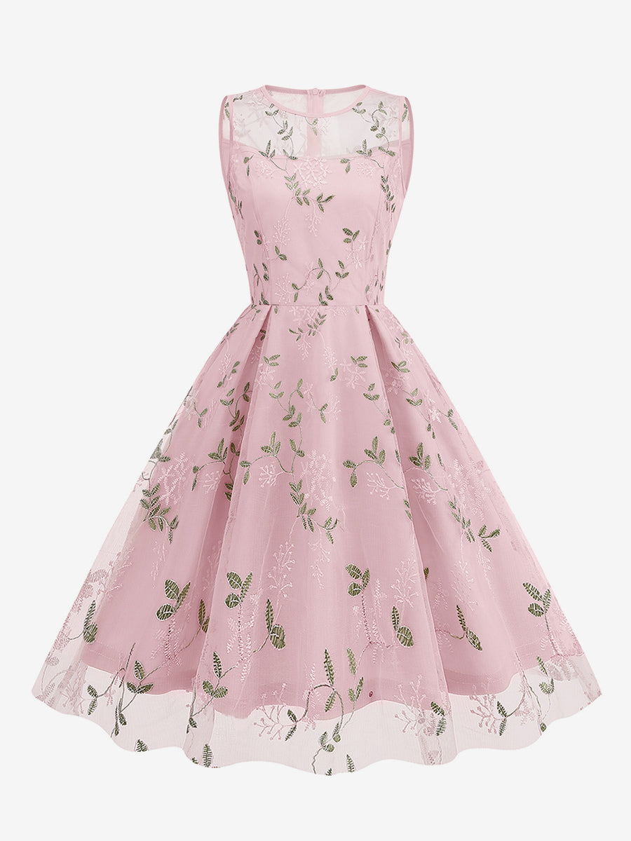 Vintage 1950s Floral Midi Dress For Women - Embroidery Mesh Illusion Neck A-Line Swing Prom Dress - Summer Cocktail 2026