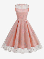 Vintage 1950s Floral Midi Dress For Women - Embroidery Mesh Illusion Neck A-Line Swing Prom Dress - Summer Cocktail 2026