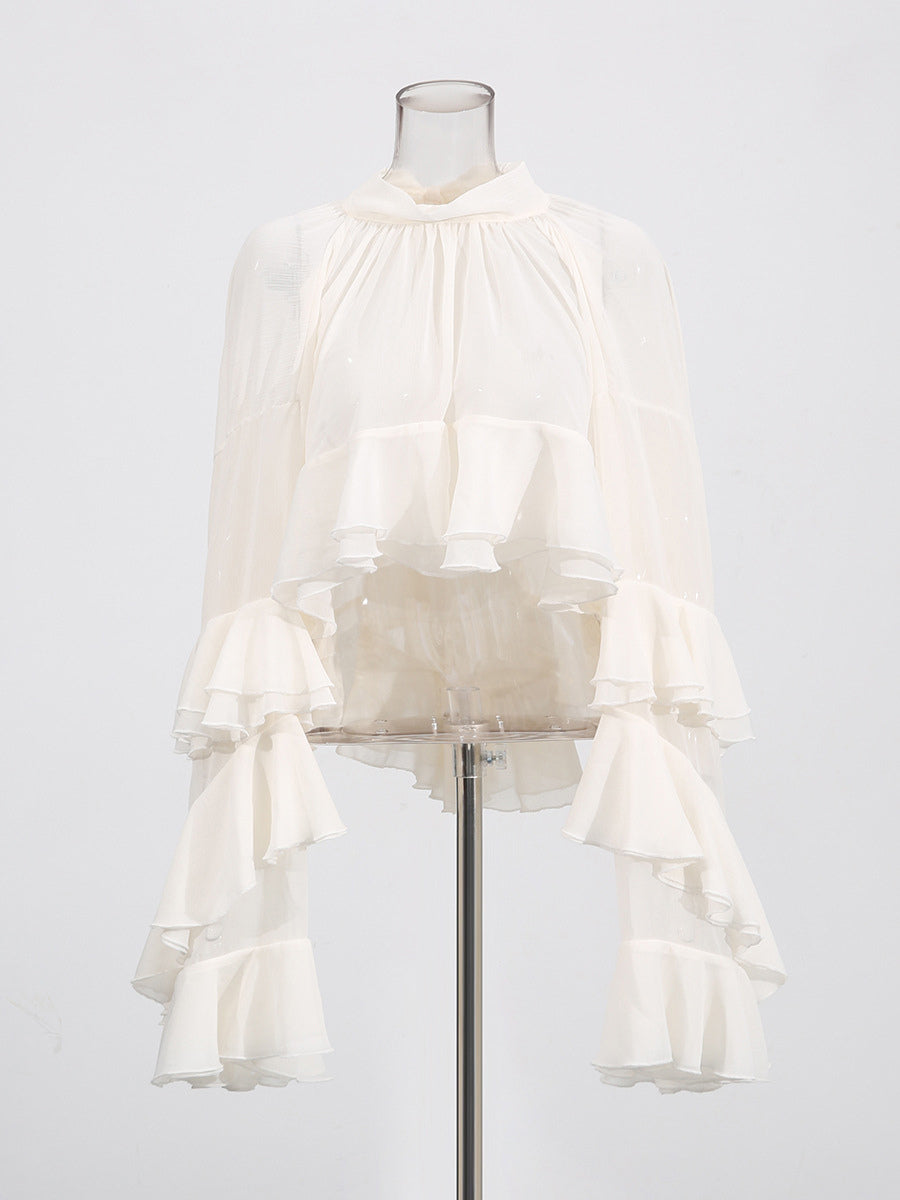 Victorian Ruffle Blouse For Women - Fairycore Mock Neck Tiered Flare Sleeve Sheer Top - Spring Date Night Party 2026