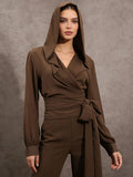 Sheer Hooded Chiffon Blouses For Women - Brown Sexy V Neck Lantern Sleeve Wrap Tops - Summer Rave Party 2026