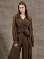 Sheer Hooded Chiffon Blouses For Women - Brown Sexy V Neck Lantern Sleeve Wrap Tops - Summer Rave Party 2026