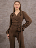 Sheer Hooded Chiffon Blouses For Women - Brown Sexy V Neck Lantern Sleeve Wrap Tops - Summer Rave Party 2026